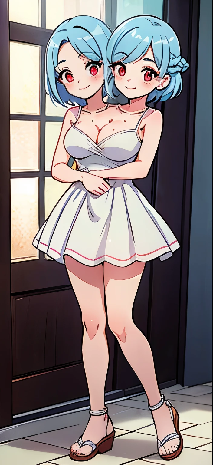 best quality, (masterpiece),(ultra-detailed), (high quality), (high resolution), ((2heads:1.5)) light blue hair, medium breasts, cleavage, white skirt , full body,best quality:1.5, highres, UHD, 4K), smiling, ((white sleeveless dress)), wearing white sandals, freckles, ((full body)), detailed red violet eyes, ((small breasts)), casual dress, ((two headed girl