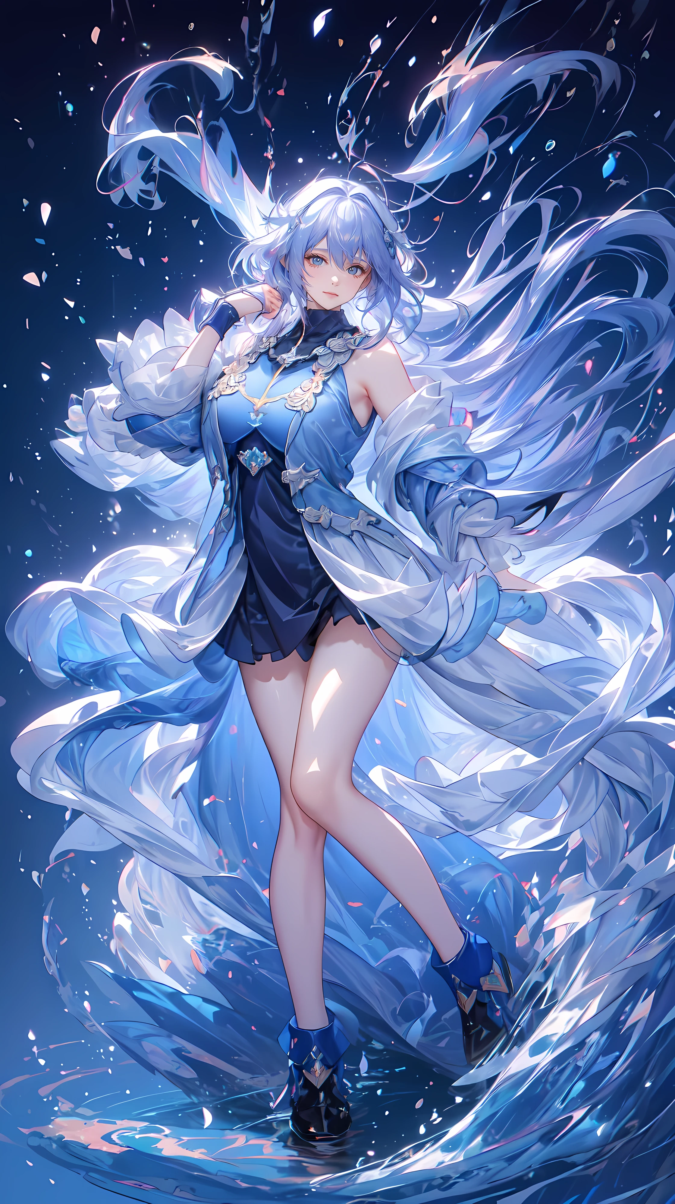 ((FULL BODY POSE)) ((SHOW PANTIES)) (((BIG GIANT BOOBS))) ((ANATOMY CORRECTED)) ((BLUE WHITE COLOR THEME DESIGN)) ( | A WOMEN WEAR ((SEXY OUTFIT)) FLOATING IN THE BLUE WATER SAKURA TREE PETALS FAILING BACKGROUND IS A BLUE SKY HORIZON WITH STARS | big eyes, ((big boobs)) sexy pose, big thigh, full body, large breasts, open legs, show panties, smile, portrait knights of zodiac, extremely detailed ((pixiv arts)), high detailed official artwork, [ tarot card ]!!!!!, detailed key anime art, knights of zodiac anime, beautiful celestial mage, firefly from honkai star rails, full body | (dynamic angle:1.1), outline, ((thick line art)), cover, stylish, official art, (details:1.2), (fantasy), garden, (bloom:1.1), glow:0.2, shadow, nature, flower, splash water, crystal, snowflakes, particles, bokeh, anamorphic light (depth of field), sharp focus, (volumetric lighting), (bokeh:0.6), film grain:0.4, (soft lighting:1.1) (VIGNETTE:1) | high-quality, ultra-detailed illustrations, ultra-high resolution, (high resolution, overwhelmingly pixel-perfect, luxurious illustration), (Ultra Quality, Masterpiece, Ethereal:1.4) photorealistic:.1.4, UHD (8k, RAW photo, best quality, masterpiece:1.2)