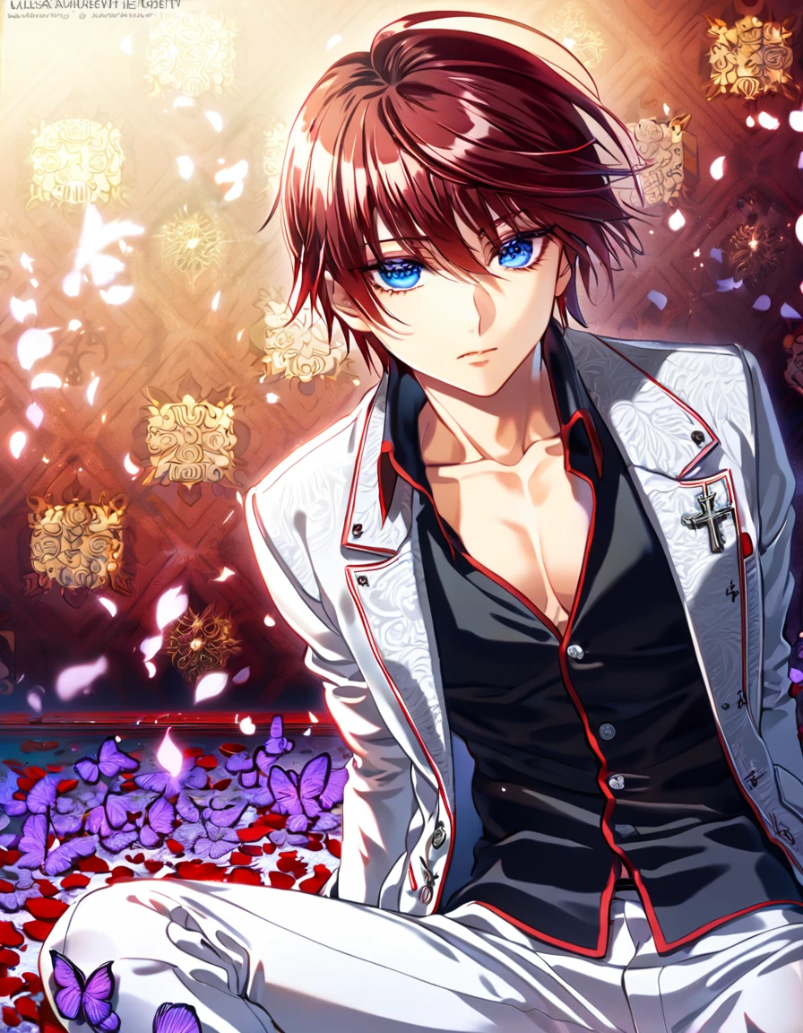 absurdres, highres, ultra detailed, HDR, master piece, best quality, Senri Shiki, mahogany red hair, short hair, expressive blue eyes, Vampire Knight, solo, sexy man, handsome, toned chest, white jacket, black shirt, patterns, white pants, sitting, vampire knight uniform, cross, purple butterflies, petals, magical
