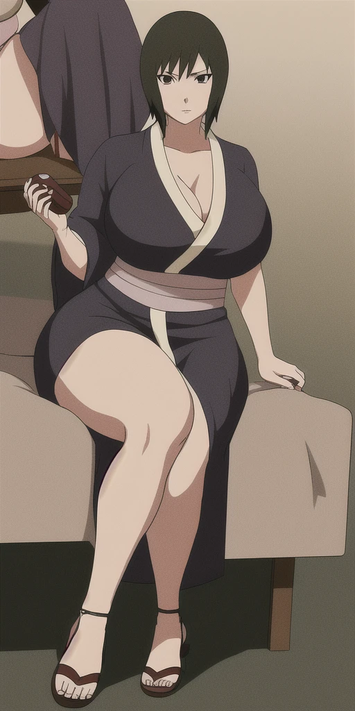 shizune_naruto, big_breasts, sitting, solo, kimino robe, masterpiece, best quality, detailed face, detailed eyes, highres, scene hokage office, ((action holding a pair of sandals in her hands))