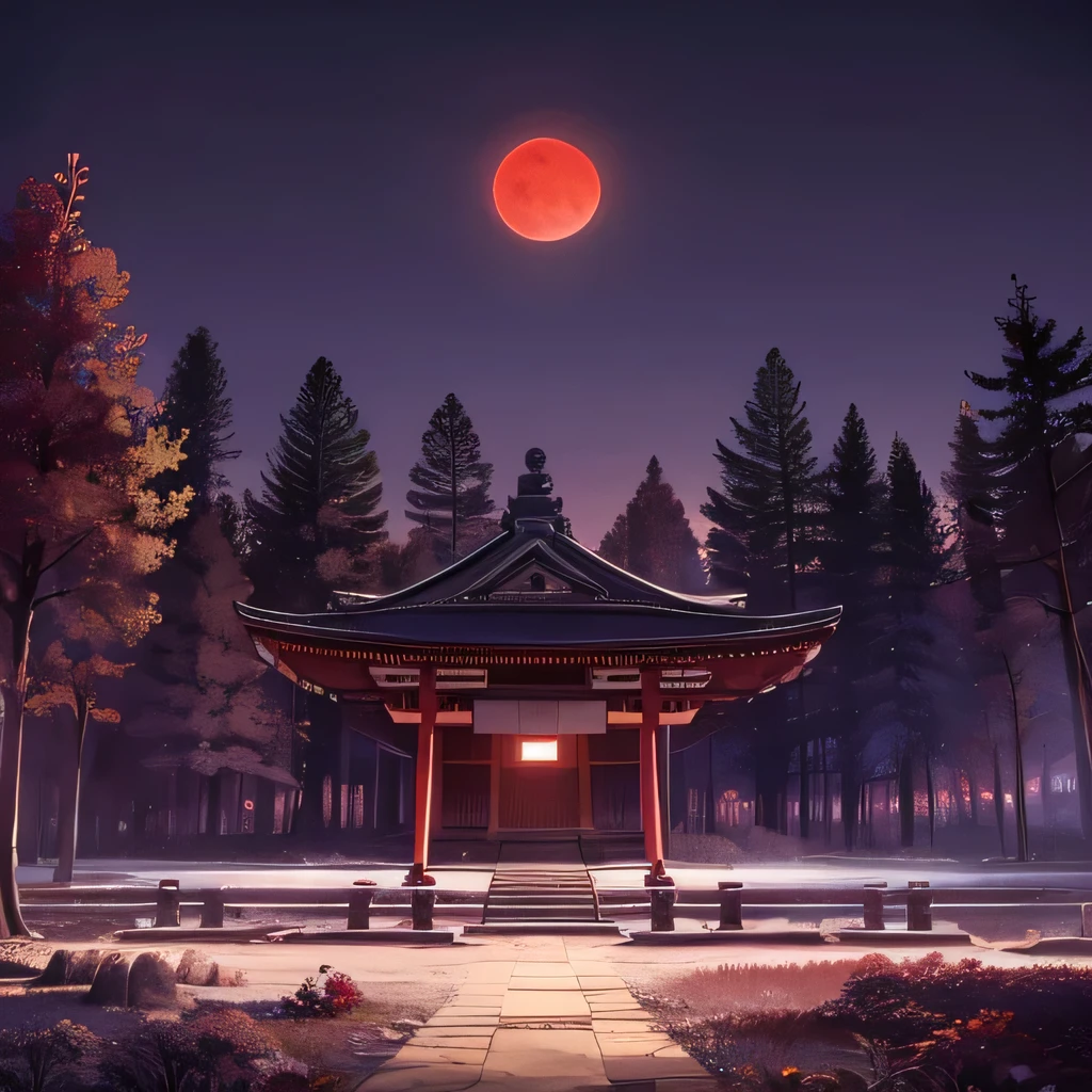 A giant ancient Japanese temple in a land of leafless trees and a purple night sky with a red moon in the background
