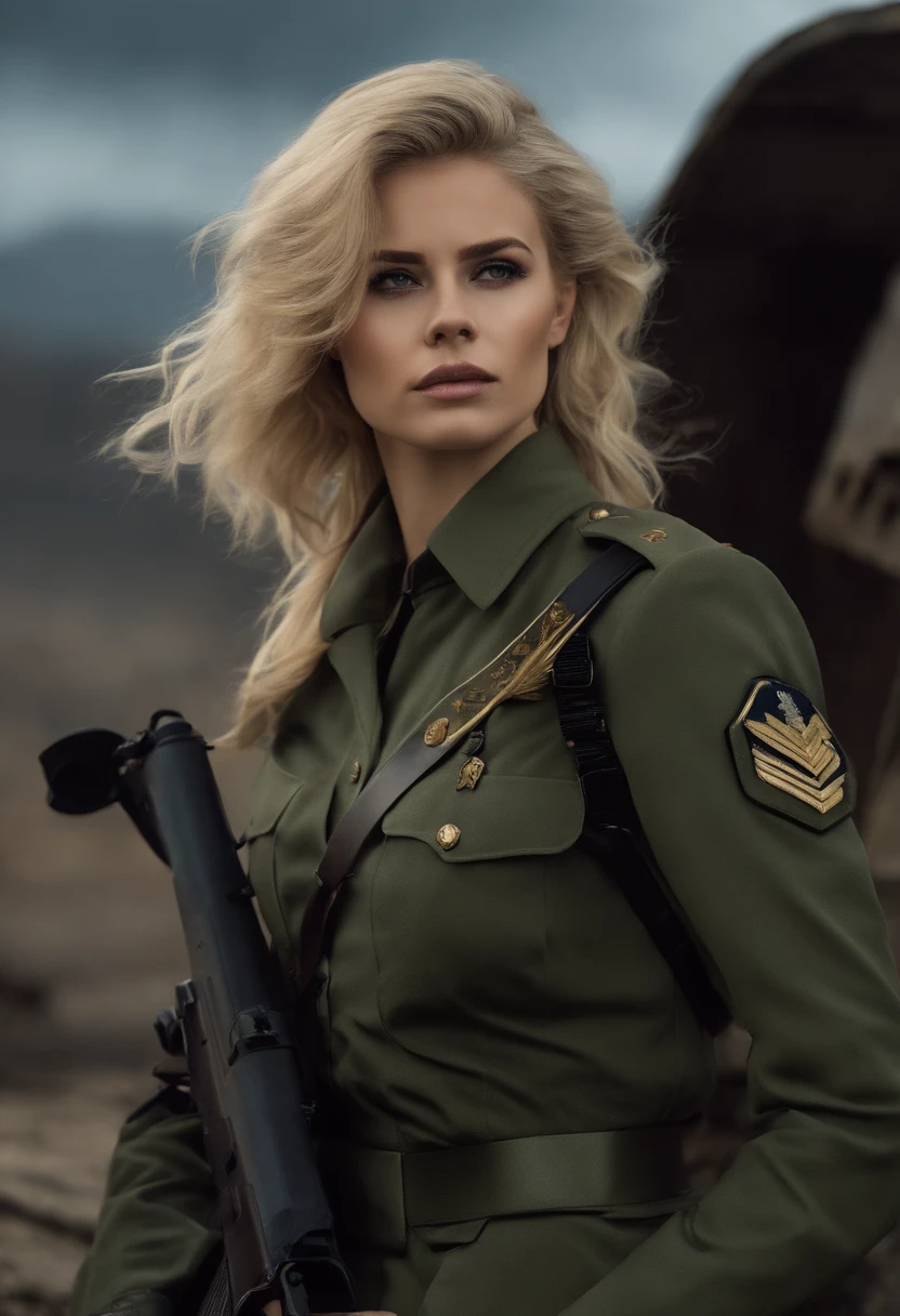 Tanya Degurechaff, Military uniform, short stature, psychotic eyes, blonde hair, destroyed scenery, side view, hold gun, dark style, flawless figure, with curves in all the right places. 