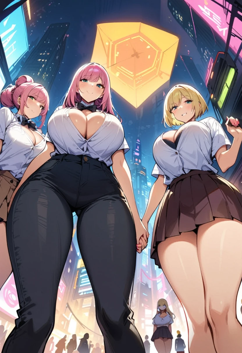 Ground view，(From the bottom,From below:1.55),Cyberpunk City, street, night, Neon, Neon, masterpiece, best quality, High resolution, JK,Huge tits((((大breast、Low-cut，Cleavage, Wide hips,)))(Long legs) (Wide hips)）,3 girls,black bow,black bowtie,Blonde Hair,bow,bowtie,breast,Hair Bun,Holding Hands,Fingers interlocked,long hair,looking at the audience,Multiple girls,Pink Hair,pleated skirt,Tuck your shirt into your pants,short hair,skirt,Smile,Tent Shirt