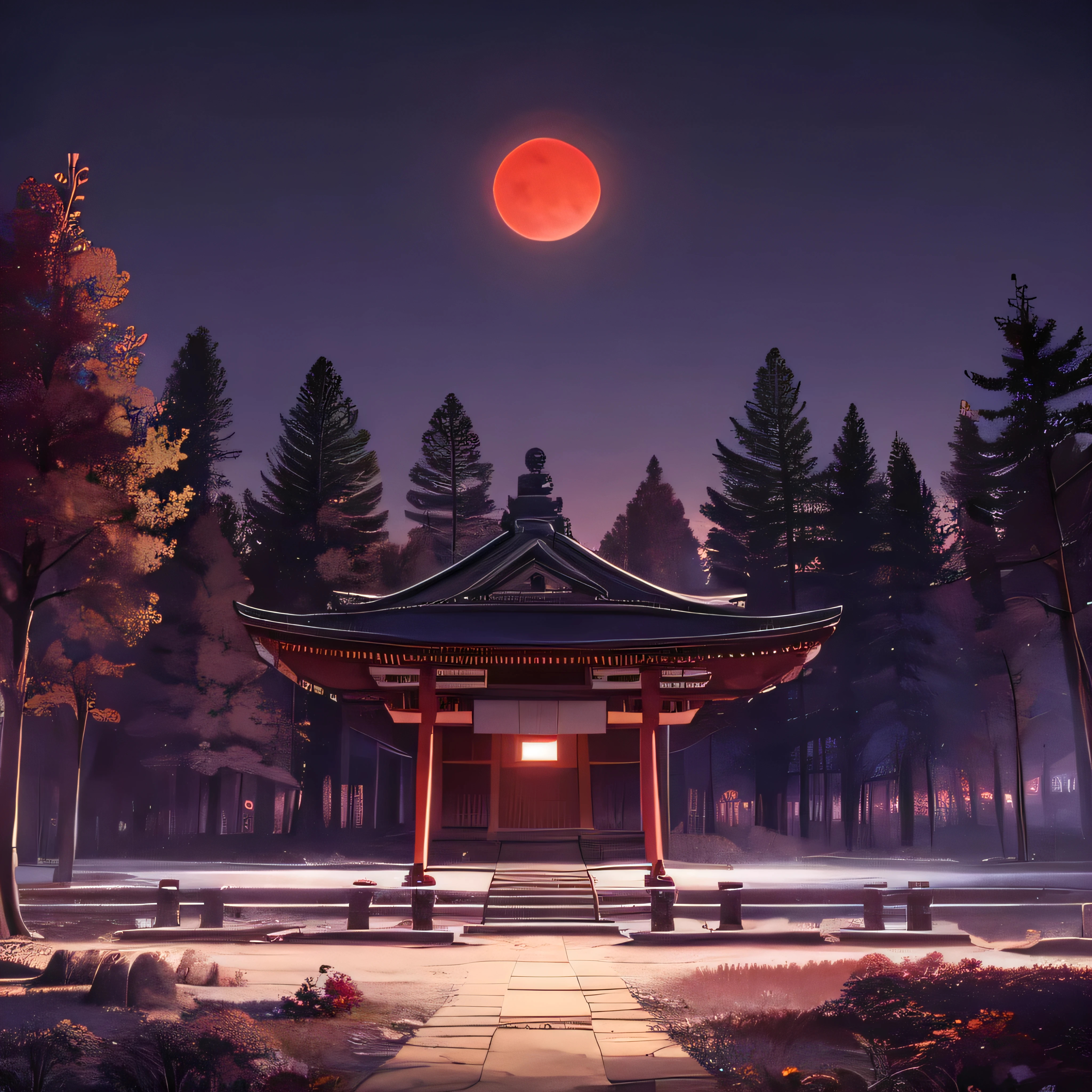 A giant ancient Japanese temple in a land of leafless trees and a purple night sky with a red moon in the background