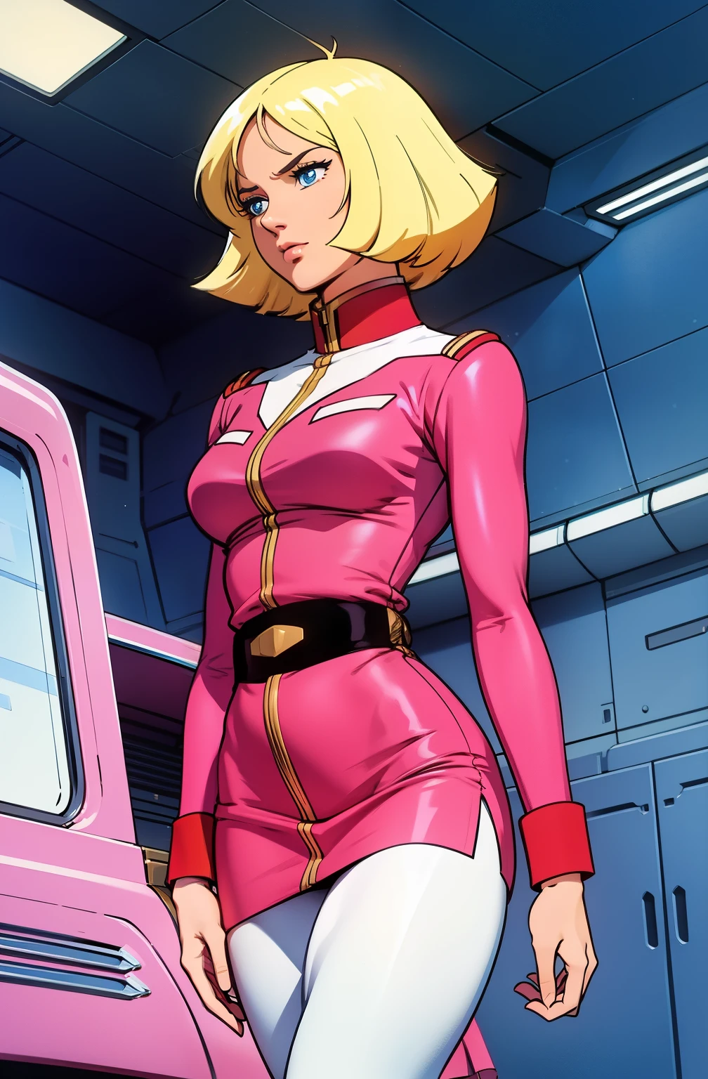 ((masterpiece)), ((cinematic lighting)), realistic photo、Real Images、Top image quality、1girl in, sayla mass, Elegant, masterpiece, Convoluted, slim arms, wide hips, thick thighs, thigh gaps, Best Quality, absurderes, high face detail, Perfect eyes, mature, Cowboy Shot, , Vibrant colors, soft pink uniform, soft pink Skirt, white tights, side view
