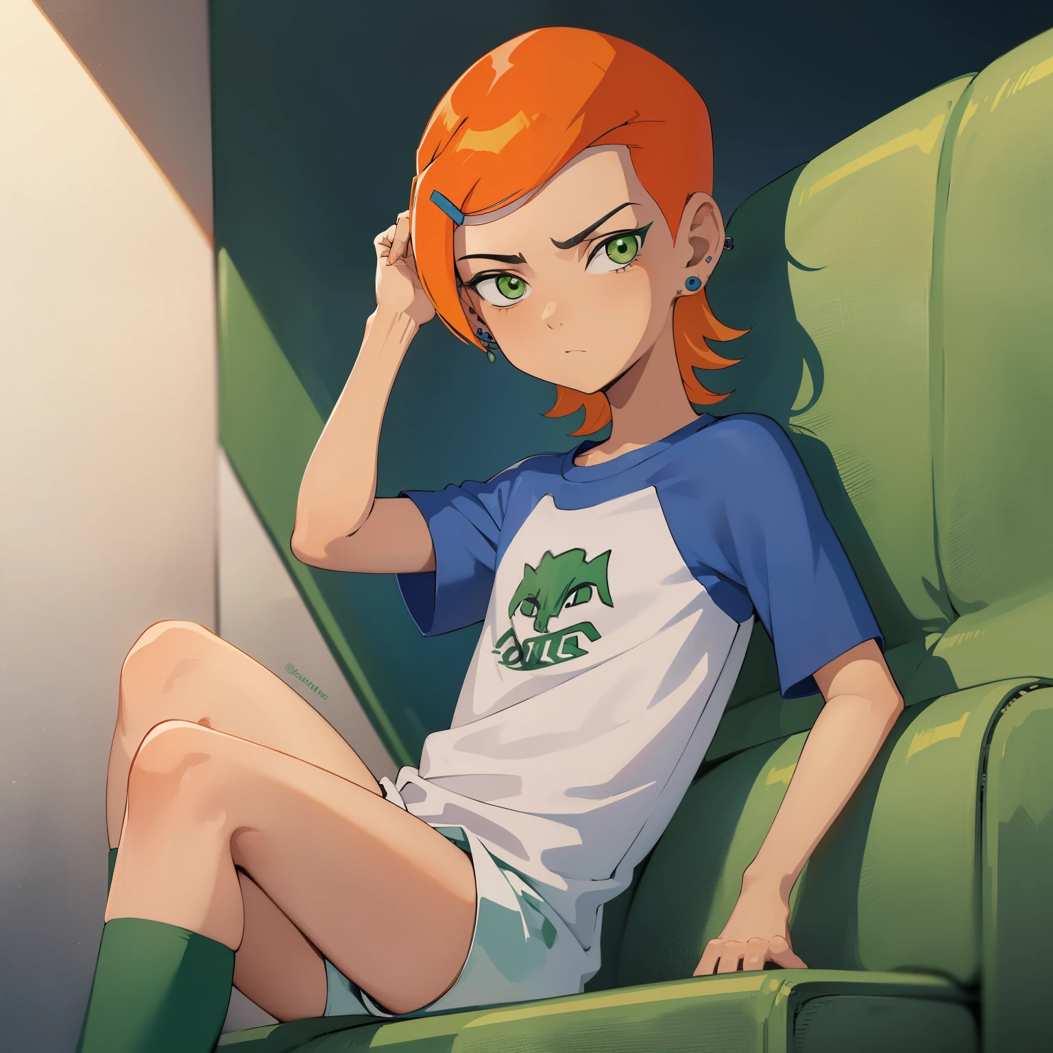 (Elevado detalhe), (claro estilo 2D), adolescente semelhante a Ben 10, A , solo, vestimenta estilo cartoon, amarelo e azul, short pants, camisa branca, mangas fino e gola alta, (cabelo curto, verde), (prominent hair on top of the head), (bp, o - sistema omnitrix), pencil with crown, cara animada, correndo fora da tela, gold earring on neck.