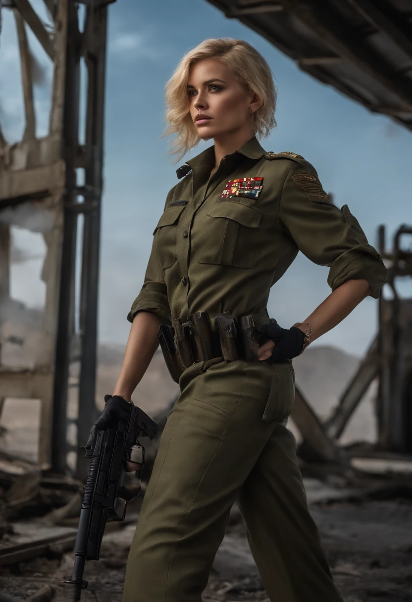 Tanya Degurechaff, Military uniform, short stature, psychotic eyes, blonde hair, destroyed scenery, side view, hold gun, dark style, flawless figure, with curves in all the right places.