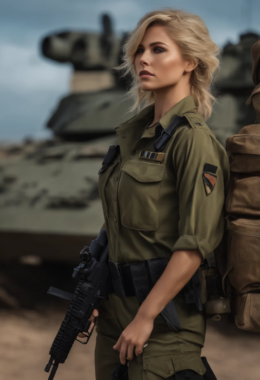 Tanya Degurechaff, Military uniform, short stature, psychotic eyes, blonde hair, destroyed scenery, side view, hold gun, dark style, flawless figure, with curves in all the right places.