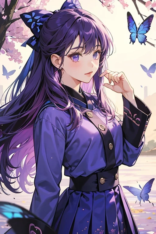 girl who has long violet hair with a dark blue butterfly bow at the back of her head. She wears a purple autumn Japanese-style girl uniform with a patterned mini skirt. SPARKLE; GLITTER