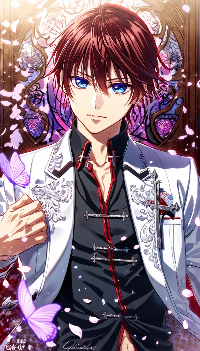 absurdres, highres, ultra detailed, HDR, master piece, best quality, Shiki Senri, mahogany red hair, short hair, expressive blue eyes, Vampire Knight, solo, sexy man, handsome, toned chest, white jacket, black shirt, patterns, vampire knight uniform, cross, purple butterflies, petals, magical