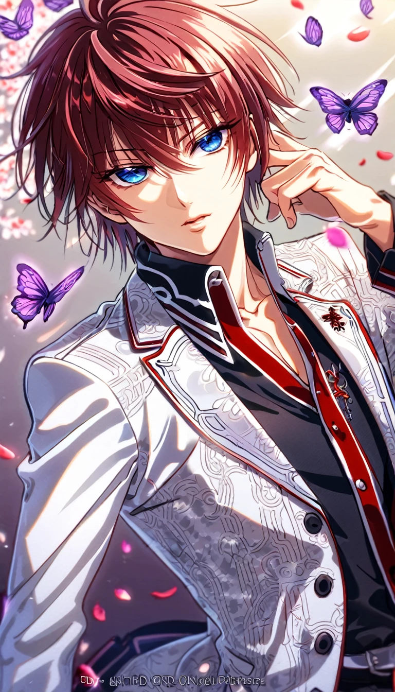 absurdres, highres, ultra detailed, HDR, master piece, best quality, Shiki Senri, mahogany red hair, short hair, expressive blue eyes, Vampire Knight, solo, sexy man, handsome, toned chest, white jacket, black shirt, patterns, vampire knight uniform, cross, purple butterflies, petals, magical