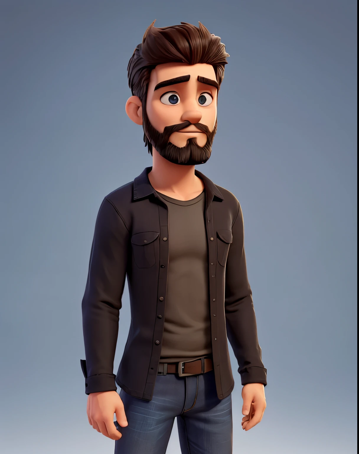 homem de 20 anos, com barba e olhar fechado, He is wearing a long black shirt and jeans
