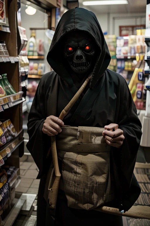 best quality, 8k, high resolution, ultra-detailed, extremely detailed, top quality, realistic, yokai, a Black Grim Reaper, black robe, holding scythe, standing in convenience store, dimly lit store