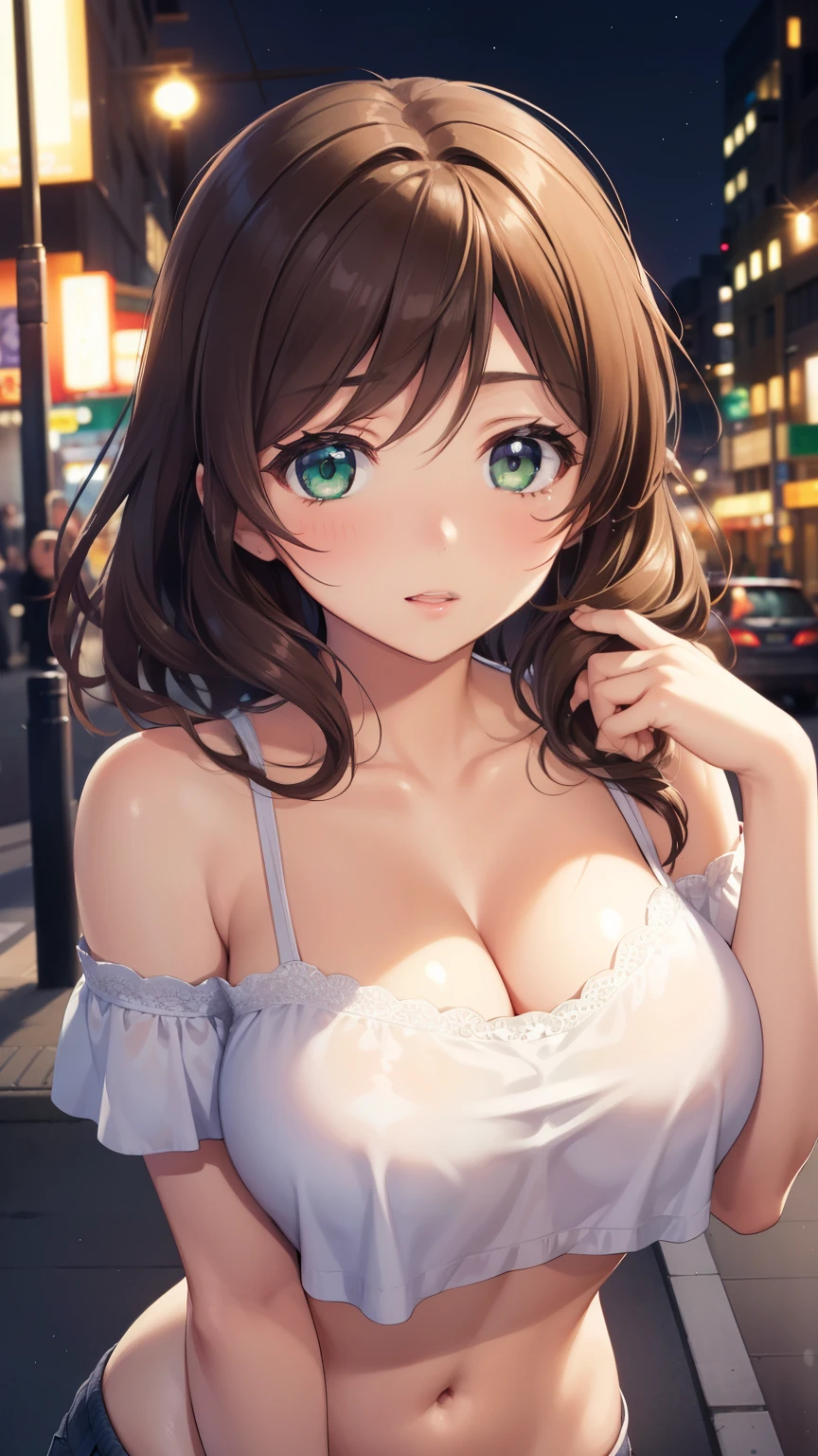 nozomitoujou, nozomi toujou, green eyes, brown hair, short curly hair, large breasts, masterpiece, best quality, high resolution, beautiful detailed eyes, extremely detailed face, good lighting, detailed CG, messy hair, glossy lips, city street, night, neon lights, off the shoulders top, midriff