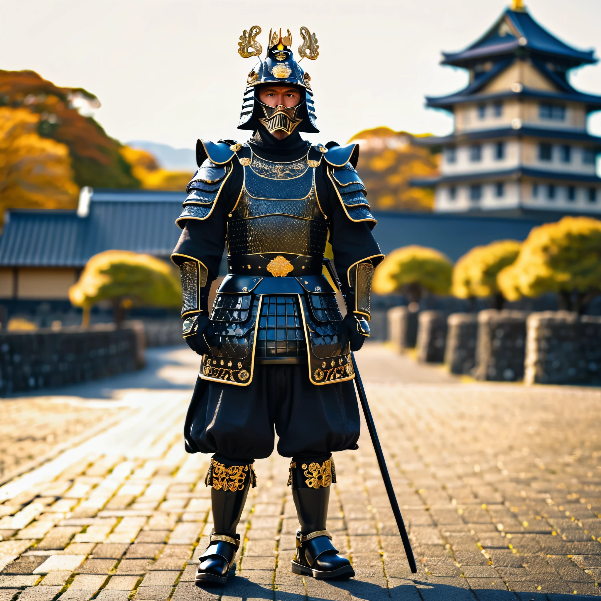 A samurai in heavy black armor with gold details, with Traditional samurai helmet, perfect eyes, perfect face, metal bracelet, metal boots, walking in the background of a large traditional Japanese castle, full body, bokeh effect, stereogram, tachi- e, atmospheric point of view, high detail, luminism, hyperrealism, brightness, 8k, super detail, accurate, best quality, high resolution, award-winning, anatomically correct