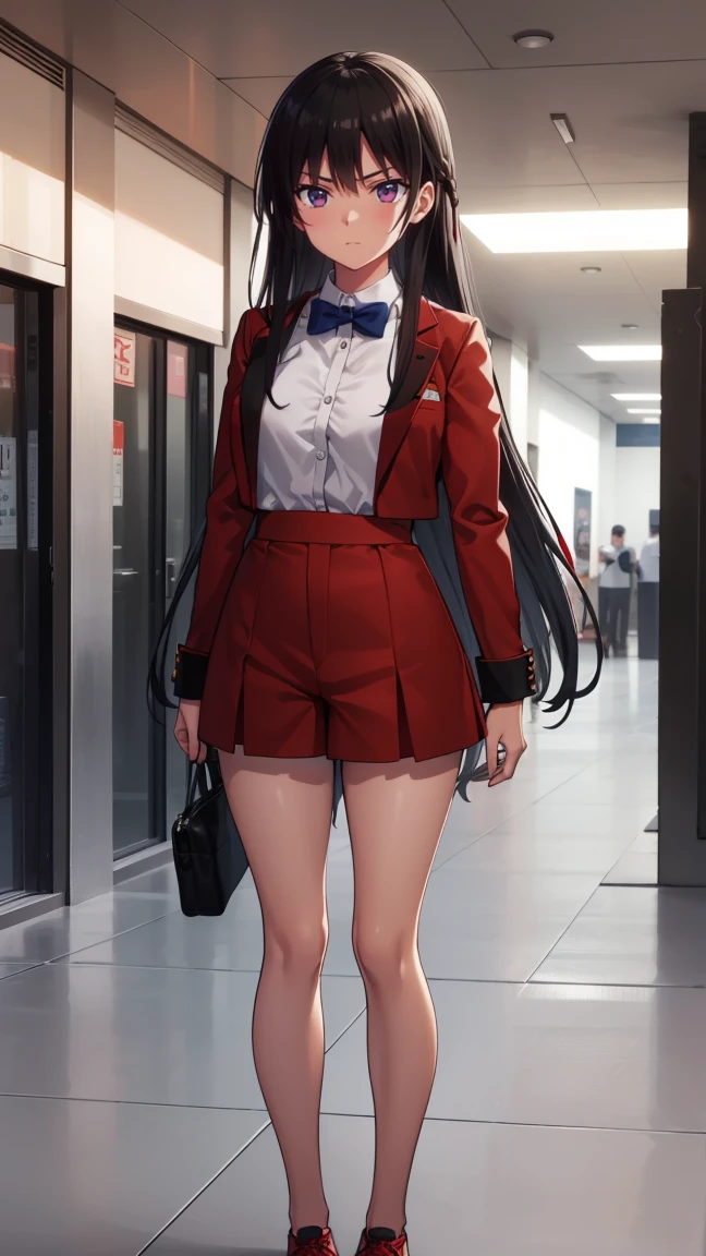 suzune horikita, pelo largo, pelo negro, (ojos rojos:1.3), Cinta para el pelo, trenza,
ROMPER bow, , chaqueta, bow tie, blue bow tie, chaqueta de sport, (red chaqueta de sport:1.5), falda, white falda,((muslos negros))
ROMPER indoors, aula,session,full body
ROMPER looking at viewer,
ROMPER (obra maestra:1.2), mejor calidad, high resolution, fondo de pantalla de unidad 8k, cara extremadamente detallada,(manos perfectas, perfect anatomy),