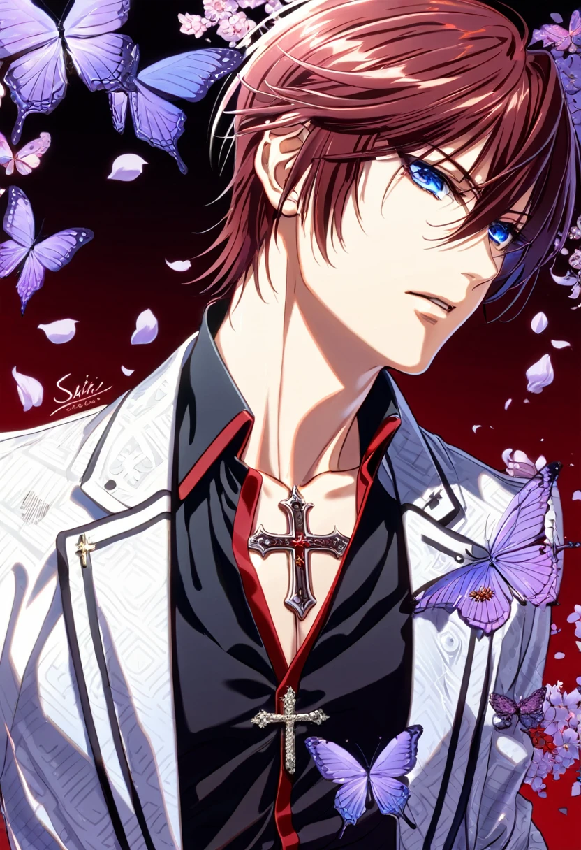 absurdres, highres, ultra detailed, HDR, master piece, best quality, Shiki Senri, mahogany red hair, short hair, expressive blue eyes, Vampire Knight, solo, sexy man, handsome, toned chest, white jacket, black shirt, patterns, vampire knight uniform, cross, purple butterflies, petals, magical