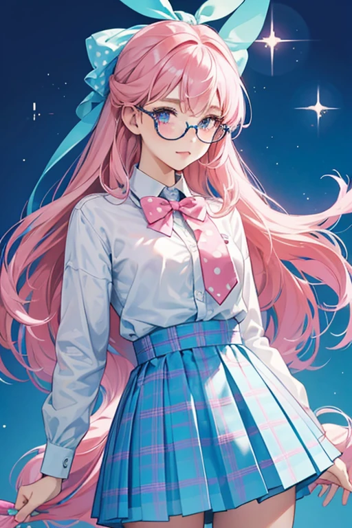 girl who has long pink hair with a blue bow with white polka-dots, and wears a pink and blue kilt skirt with a tie, also keeping her hot pink glasses. SPARKLE; GLITTER