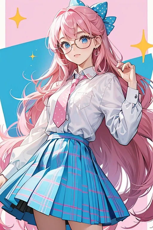 girl who has long pink hair with a blue bow with white polka-dots, and wears a pink and blue kilt skirt with a tie, also keeping her hot pink glasses. SPARKLE; GLITTER