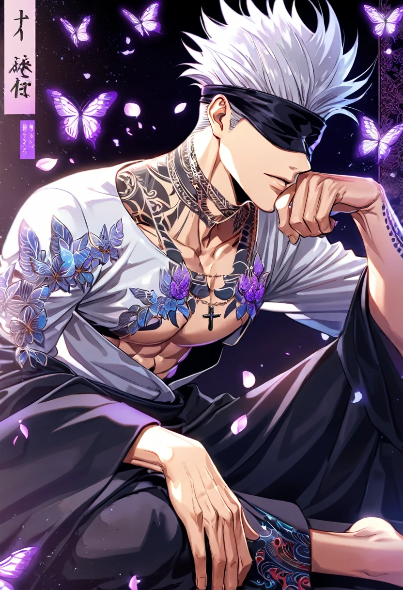 Ultra detailed, Highres, absurdres, HDR, Gojo Satoru, white hair, blindfolded eyes, black coat with patterns, Jujutsu Kaisen, white shirt, cross, glittering purple butterflies, petals, handsome, sexy man, solo, very detailed face, master piece, toned chest, glittering, purple flowers, tattoo on his neck, sitting