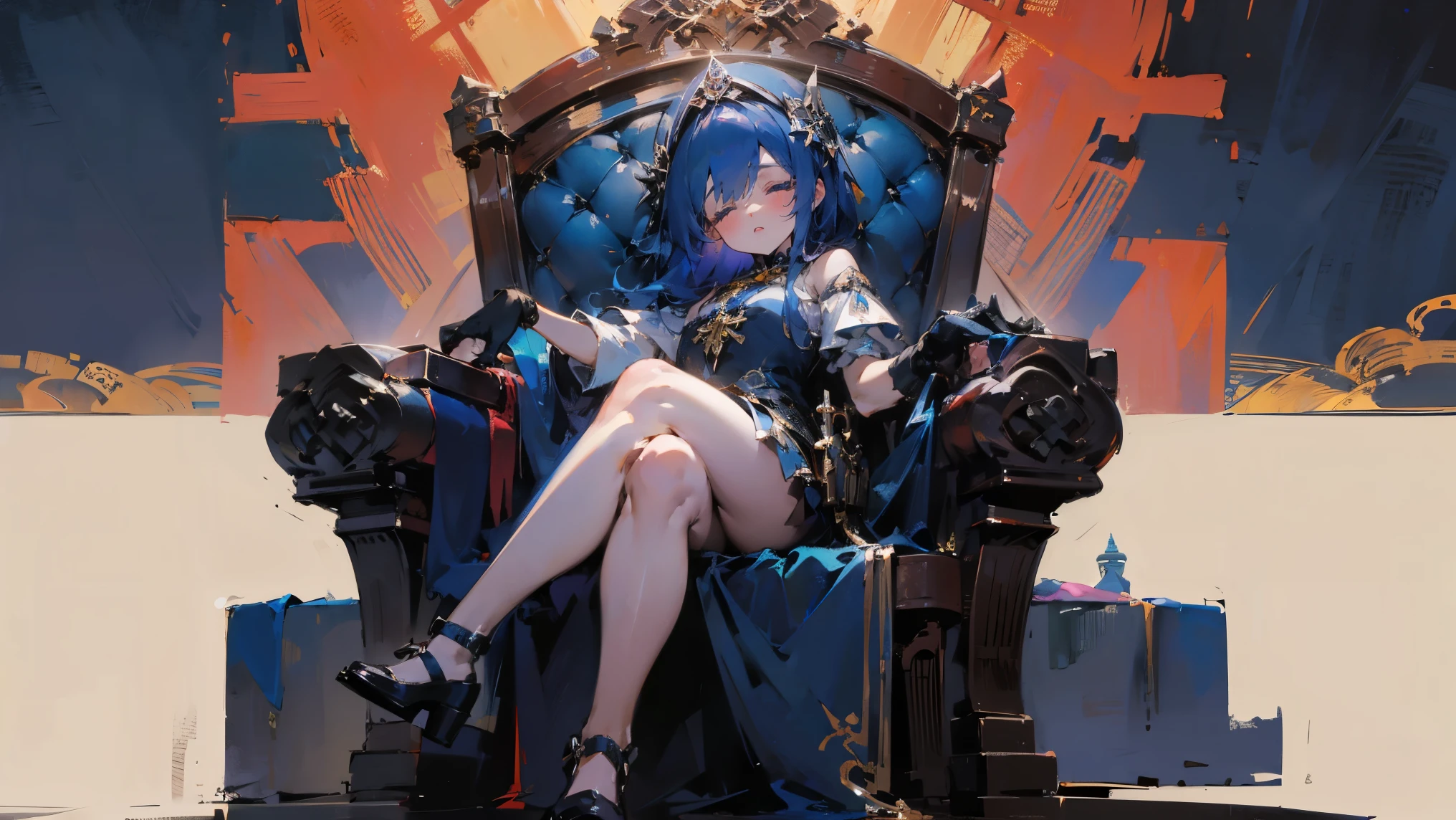 ((best quality)), Jewelry Package)),((1 Obese girl))From the back,sea,liner,Cross your legs,Dark blue hair,Sleeping on the throne,Platform shoes,((Gloves)),(Nikolai Fehin),( Fisher, ),背景是Sea,Sea