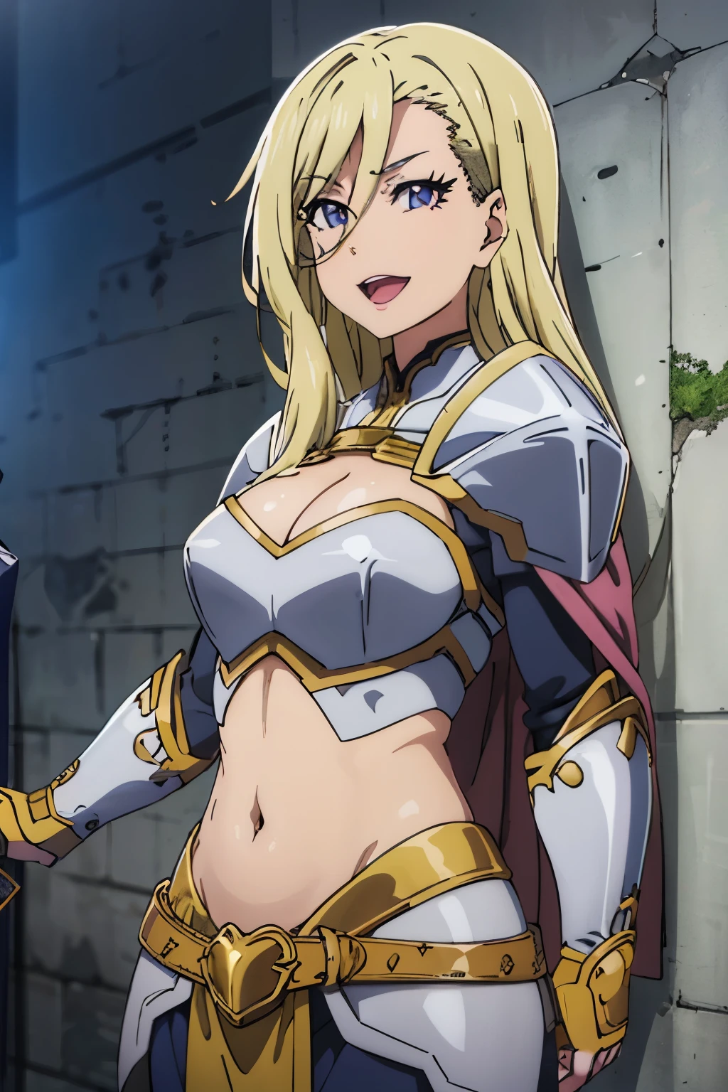, 1female_knight, masterpiece, best quality, highly detailed, fantasy , a anime girls in armored dress holding a sword
posing for a picture, evil smile, smile, open mouth, breastplate with open cleavage, cleavage, warrior
outfit, ecchi anime style, anime girls, ecchi style, (nsfw) not safe for work, ecchi, digital anime art!!, in
anime style, official artwork, visual novel cg, beautiful anime girl, anime style 4 k , loincloth, exposed
belly, exposed navel, exposed midriff, exposed lower belly, pencil skirt armored, castle,inside castle