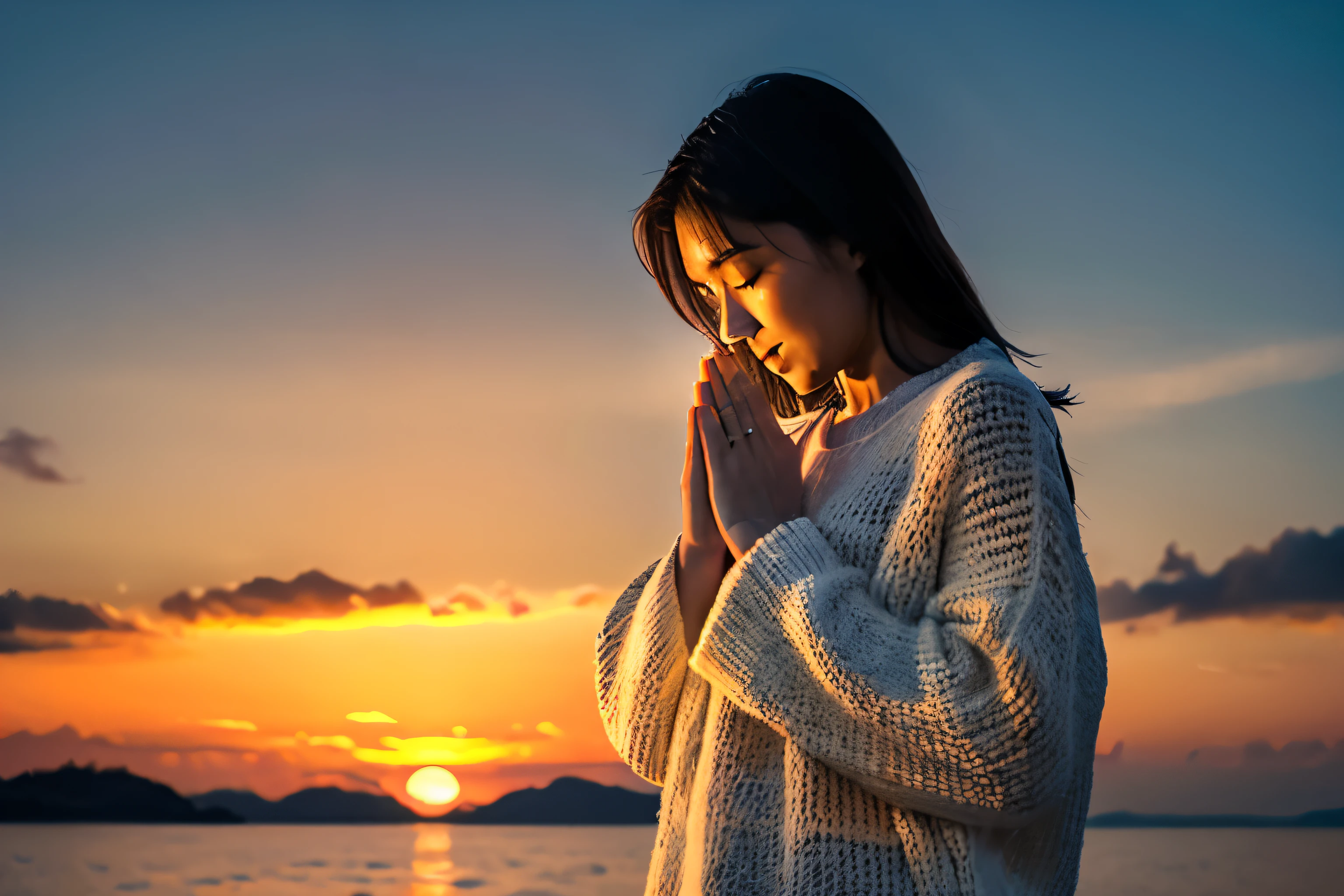 (knit), (highest quality,masterpiece:1.3, ultra high resolution), (super detailed,caustics),(Photoreal:1.4,RAW shooting,)ultra-realistic capture, very detailed, High resolution 16K for human skin, one woman, Japanese, cute, black haired, middle hair, (((Sunset sky background))), (((sunset sea background))), (((When I look at your profile))), (((I am praying for you)))