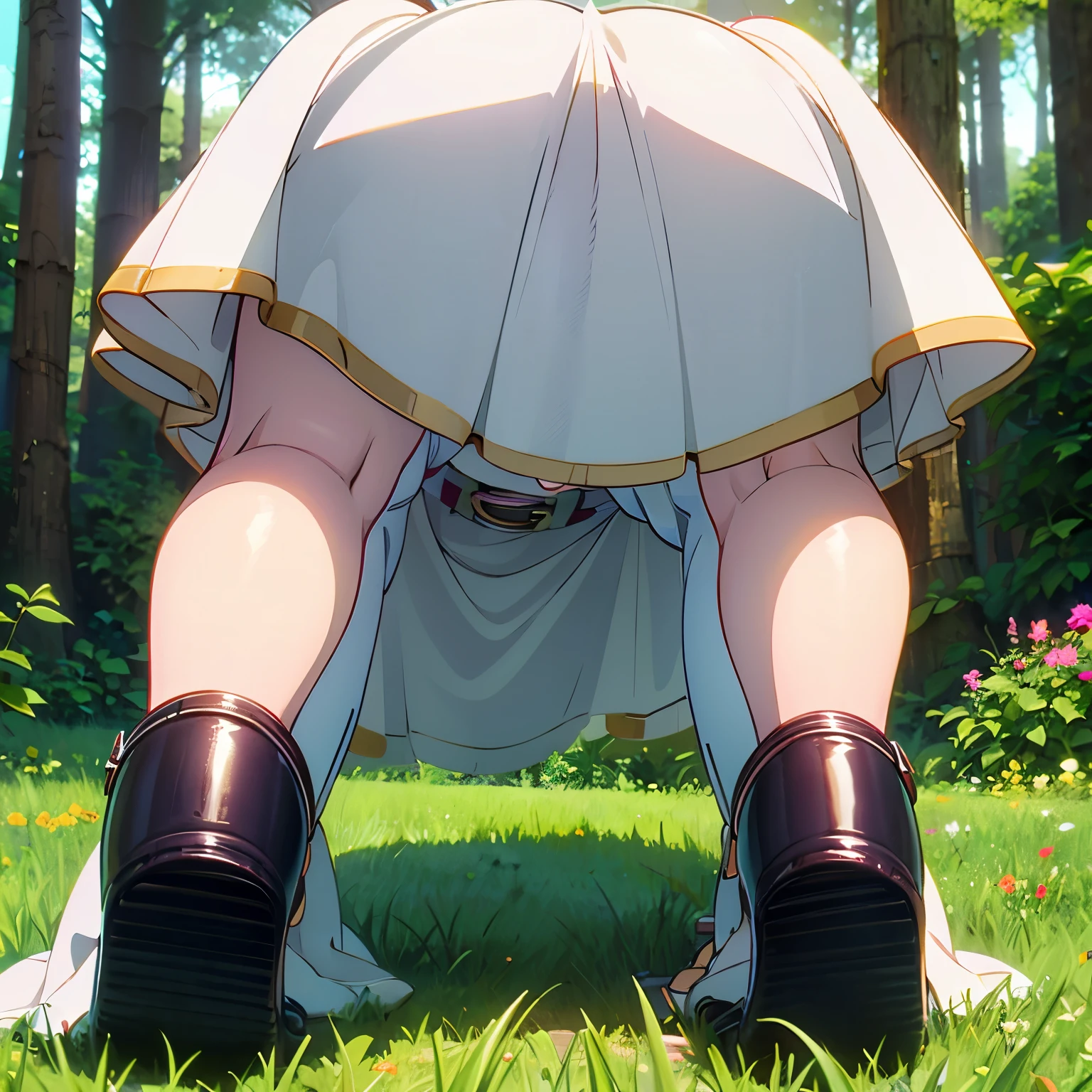 A woman in a dress kneeling on the ground, Long Hair, blush, bangs, Long sleeve, Twin tails, Green Eyes, teeth, flower, Gray Hair, pantyhose, Earrings, boots, Outdoor, Lips parted, Day, Pointed Ears, belt, White Dress, wood, black pantyhose, Capelet, Brown footwear, knee boots, grteeth, Fairy, nature, forest, white Capelet,((Her skirt is flipped up)),On all fours,Angle from the butt,Close-up of buttocks,Our eyes meet,