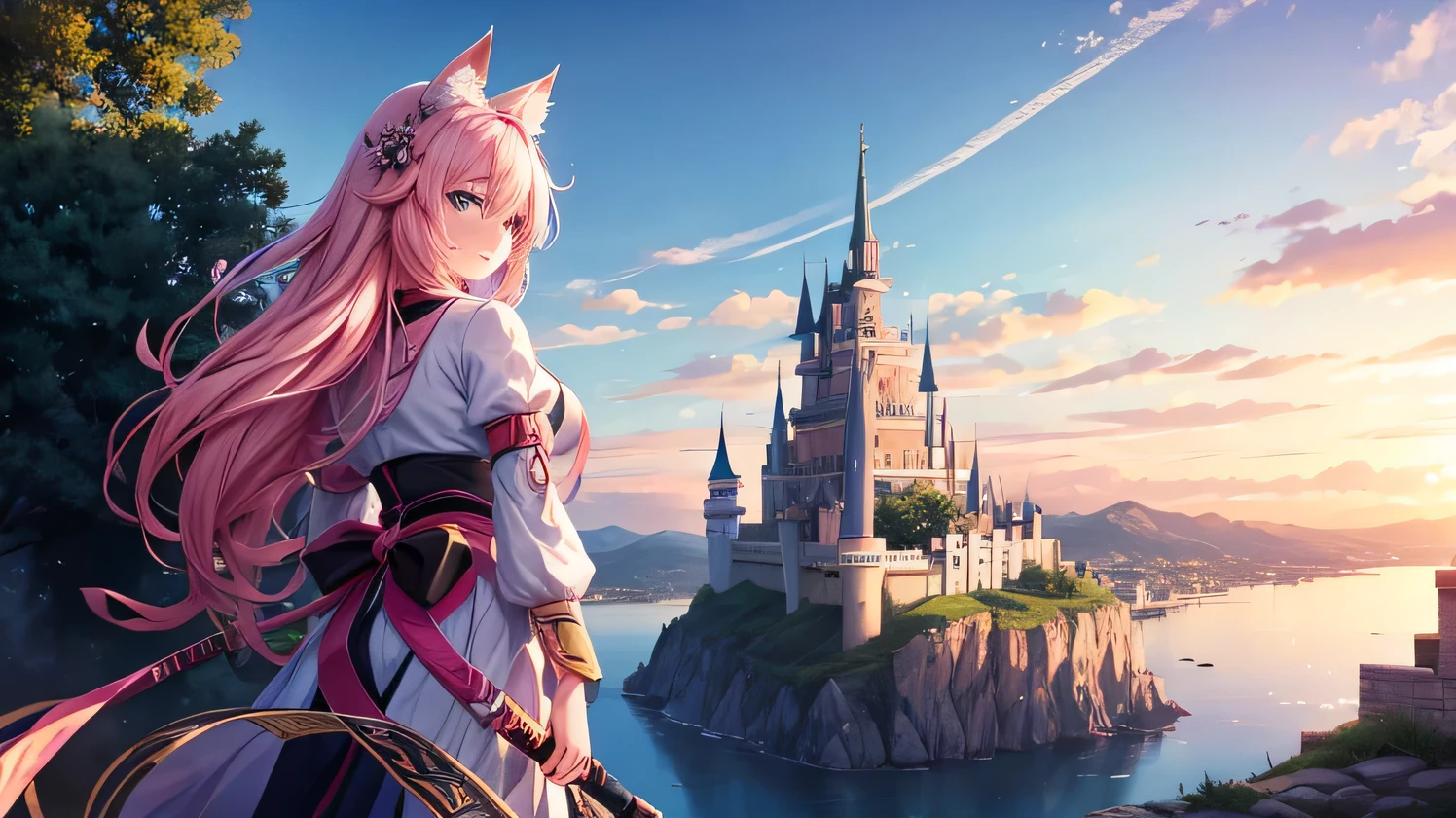 kawai anime girl looking at the horizon with a castle floating in the distance and people in the distance with powers, pink hair, happy, cat ears and panorama mode image that shows the landscape and that the girl does not look at the camera and that her entire body is seen, with a smile on her face, open her eyes, with a katana hanging on her anime waist, anime, anime!!! 4k