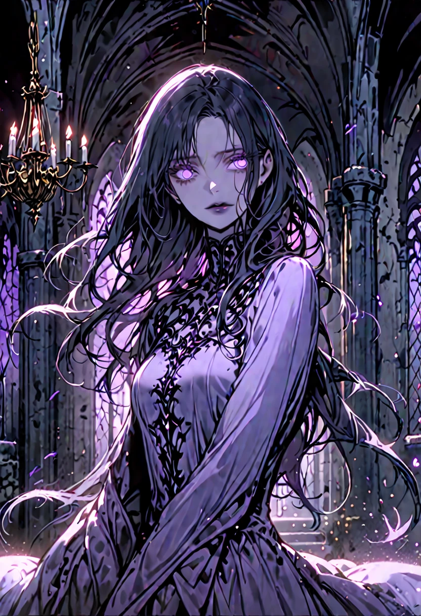 solo, female, sfw, medium shot, revenant, undead, elegant, slender, strong, deathly pale skin, veins of faintly glowing blue, long black hair, silky hair, flowing hair, moving hair, deep violet eyes, long eyelashes, full lips, light lavender lips, diaphanous gown, clingy clothes, dress train, misty clothes, faint smile, sad smile, medieval, chandelier