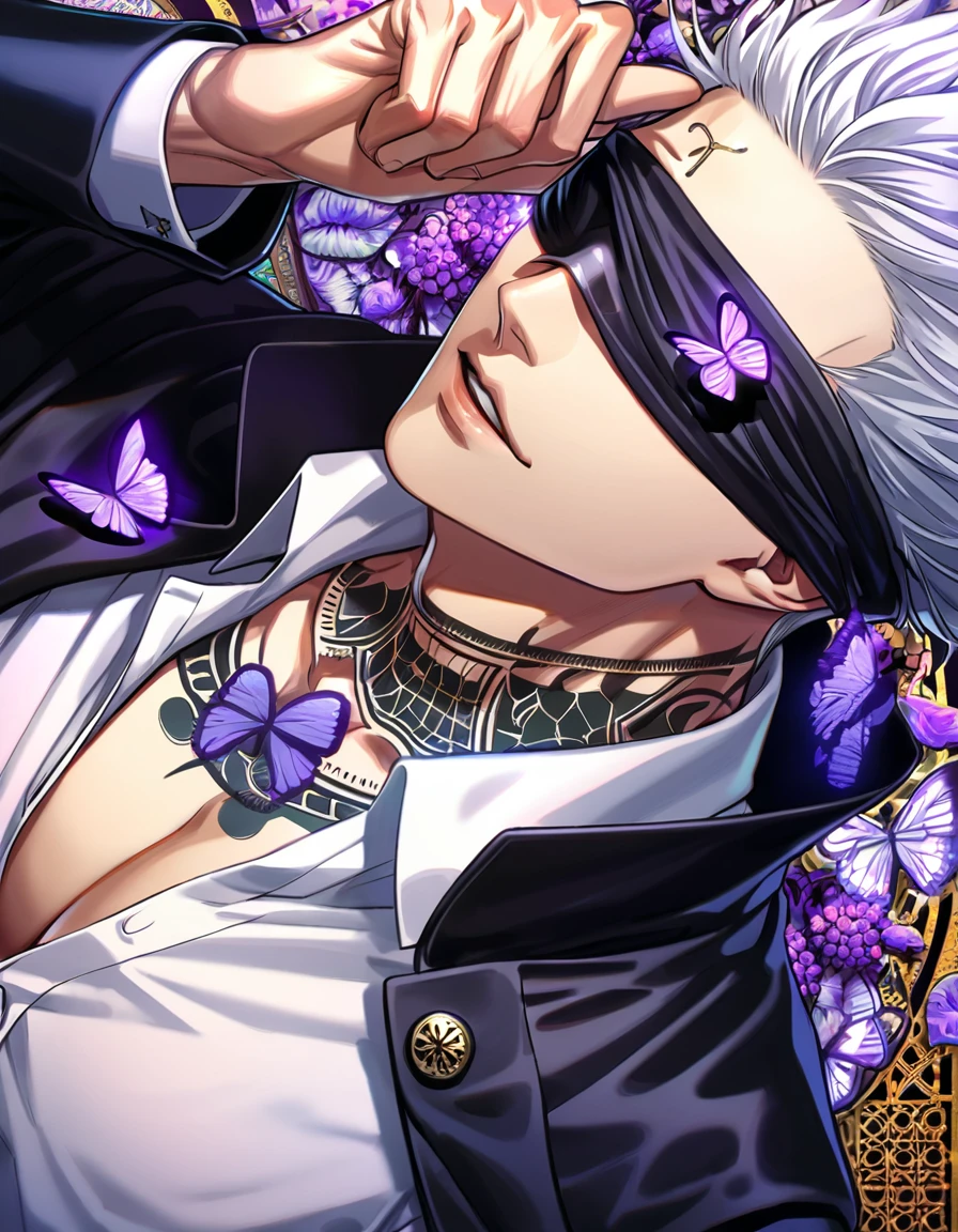 Ultra detailed, Highres, absurdres, HDR, Gojo Satoru, white hair, blindfolded eyes, black coat with patterns, Jujutsu Kaisen, white shirt, cross, glittering purple butterflies, petals, handsome, sexy man, solo, very detailed face, master piece, toned chest, glittering, purple flowers, tattoo on his neck,