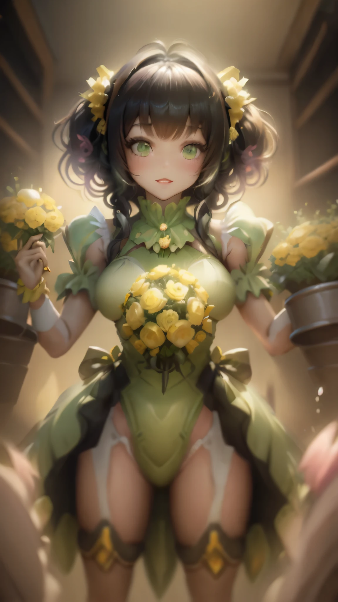 1 girl, :d, animal ear fuzz, animal ears, bangs, black hair elastic, blonde hair, blurry, blurry background, depth of field, dress up, flower, flower pot, frilled dress, frills, green dress, green eyes, hair elastic, restraint, long hair, open mouth, pink flower, plant, planpot outline, sleeveless, sleeveless dress, smile, Solo, Tail, Wrist Cuffs, Yellow Flower, 1980s (style)