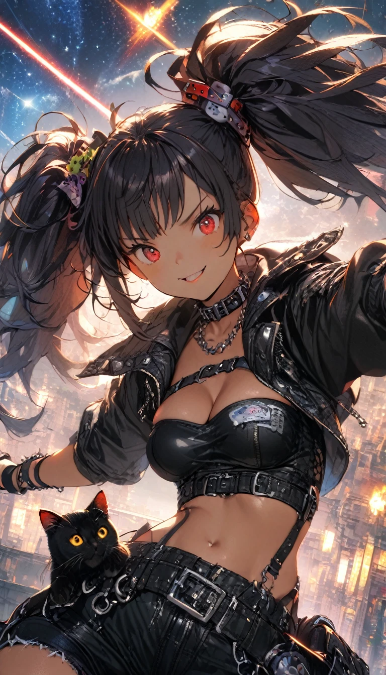 (2females:1.8),2females\(cute,kawaii,evil smile,hair floating,hair messy,black hair,long hair,twin tails hair,pale skin,skin color blue,eyes are red,red eyes shining,big eyes,ripped clothes,tight tube top,breast,tight hot pants,dynamic pose,dynamic angle,stomach shown,(punk fashion:1.4),(black cat ear:1.4)\), BREAK background\(cosmic,milkyway,space\), BREAK ,quality\(8k,wallpaper of extremely detailed CG unit, ​masterpiece,hight resolution,top-quality,top-quality real texture skin,hyper realisitic,increase the resolution,RAW photos,best qualtiy,highly detailed,the wallpaper\),dynamic pose,dynamic angle