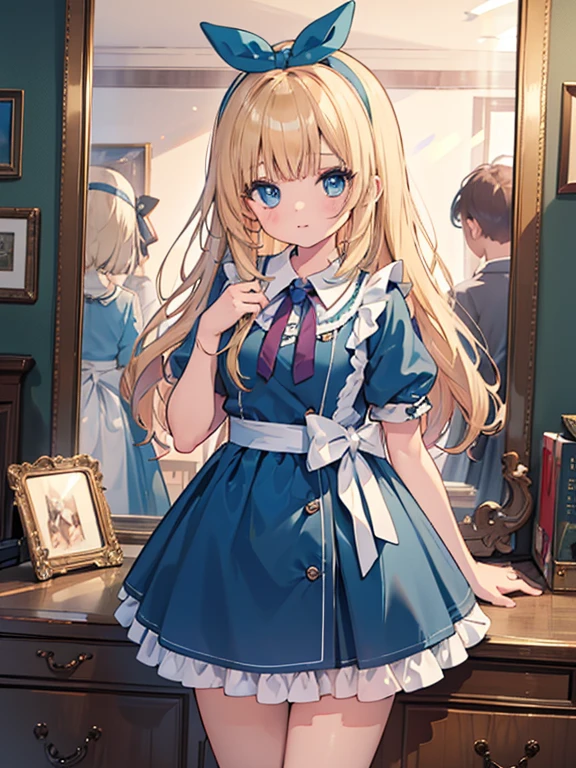 masterpiece, highest quality, Very detailed, 8k, Ultra-high resolution, Cowboy Shot, Alice in Wonderland, 12-year-old girl, Detailed face, blue eyes, Blonde, Braid, Long Hair, Ribbon on head, Blue Dress, White apron, Big Clock, Large mirror