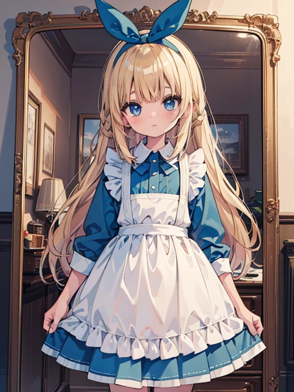 masterpiece, highest quality, Very detailed, 8k, Ultra-high resolution, Cowboy Shot, Alice in Wonderland, , Detailed face, blue eyes, Blonde, Braid, Long Hair, Ribbon on head, Blue Dress, White apron, Big Clock, Large mirror