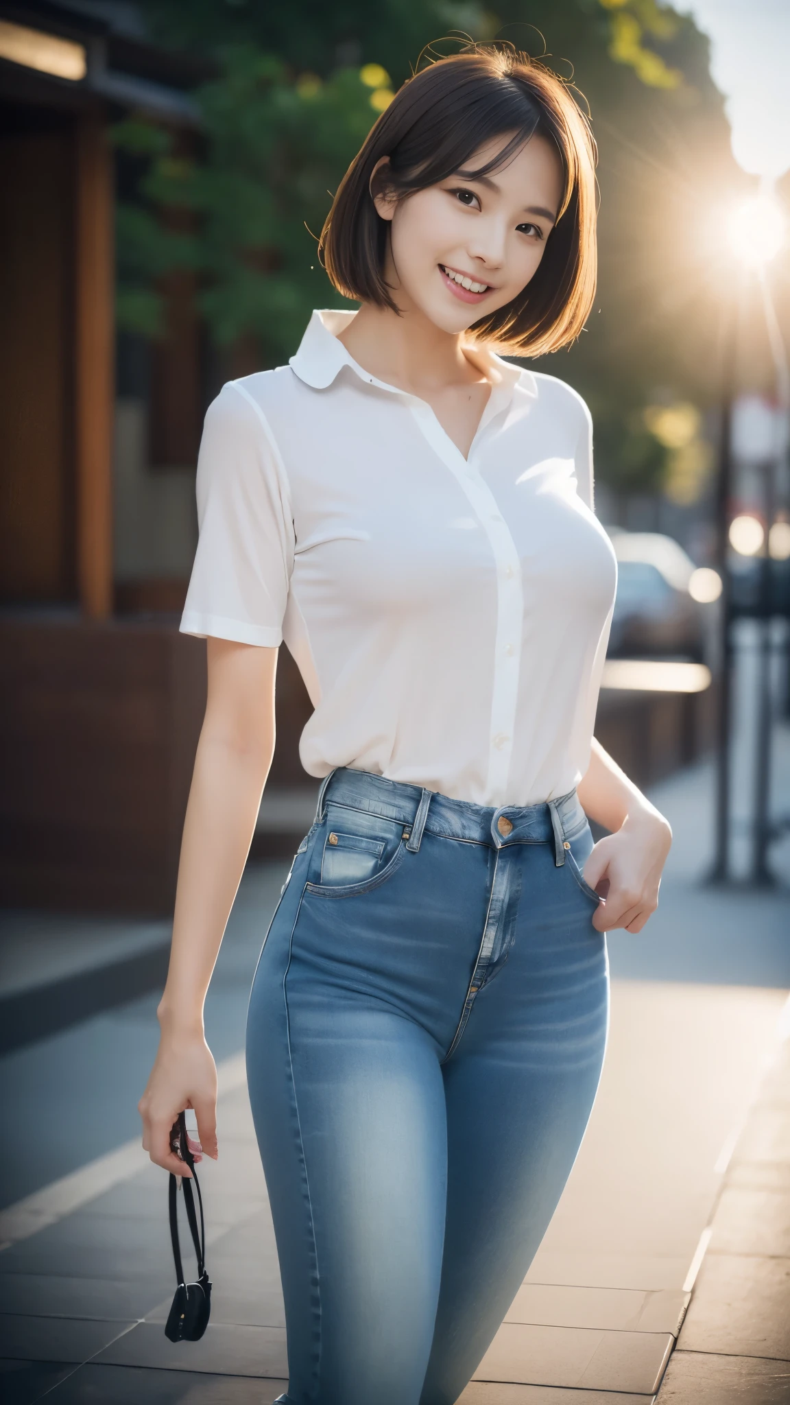 (超A high resolution,RAW Photos,8k,KHD,highest quality,masterpiece:1.5),(Intricate details,Realistically),One very beautiful woman, 30 years old, High resolution, Highly detailed face, (Professional Lighting,Bokeh),(Particles of light,Lens flare brilliance,Luminous Particles:0.6),Gentle soft lighting,Trendy atmosphere,Japanese,Street,Stylish side-wavy short hair,Bobohead, Brown haired, hair is delicate and soft,Spread your wings, Lips parted, mouth紅, Captivating smile, smile, mouth, teeth, There are small dimples,White Swan Neck,Shave your shoulders, Big Chest,(small,Golden ratio numbers),Please wear(Bluish gray)(Perfect fit,Slim fit,体にPerfect fit)Wearing a fashionable white shirt, (Wash Blue)(Fashion Jeans),(Attention to detail in the costumes:1.5), double eyelid,Long eyelashes, Birthmark, (Mole under the eye: 1), Big breasts and small waist,Beautiful ass,Calves are balanced, Thinness:1.2,Small white and soft jade legs,Beautiful toes:1.5,Wear branded fashion sandals:1.0,(Boldness,Coquettish,Playful and beautiful poses,Raised to be sexy,Attractions),Female-centered focus photography,Focus on the hips and crotch,Wide lighting,Natural Shadows,Wide Wide Shot,Close Focus,Full body shot:1.8,Full body photo:1.8