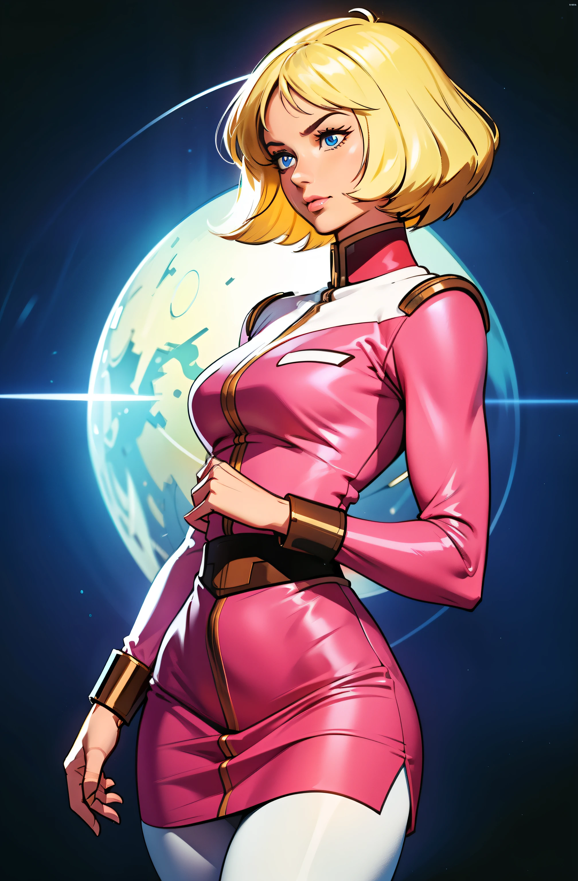 ((masterpiece)), ((cinematic lighting)), realistic photo、Real Images、Top image quality、1girl in, sayla mass, Elegant, masterpiece, Convoluted, slim arms, wide hips, thick thighs, thigh gaps, Best Quality, absurderes, high face detail, Perfect eyes, mature, Cowboy Shot, , Vibrant colors, soft pink uniform, soft pink Skirt, white tights, side view