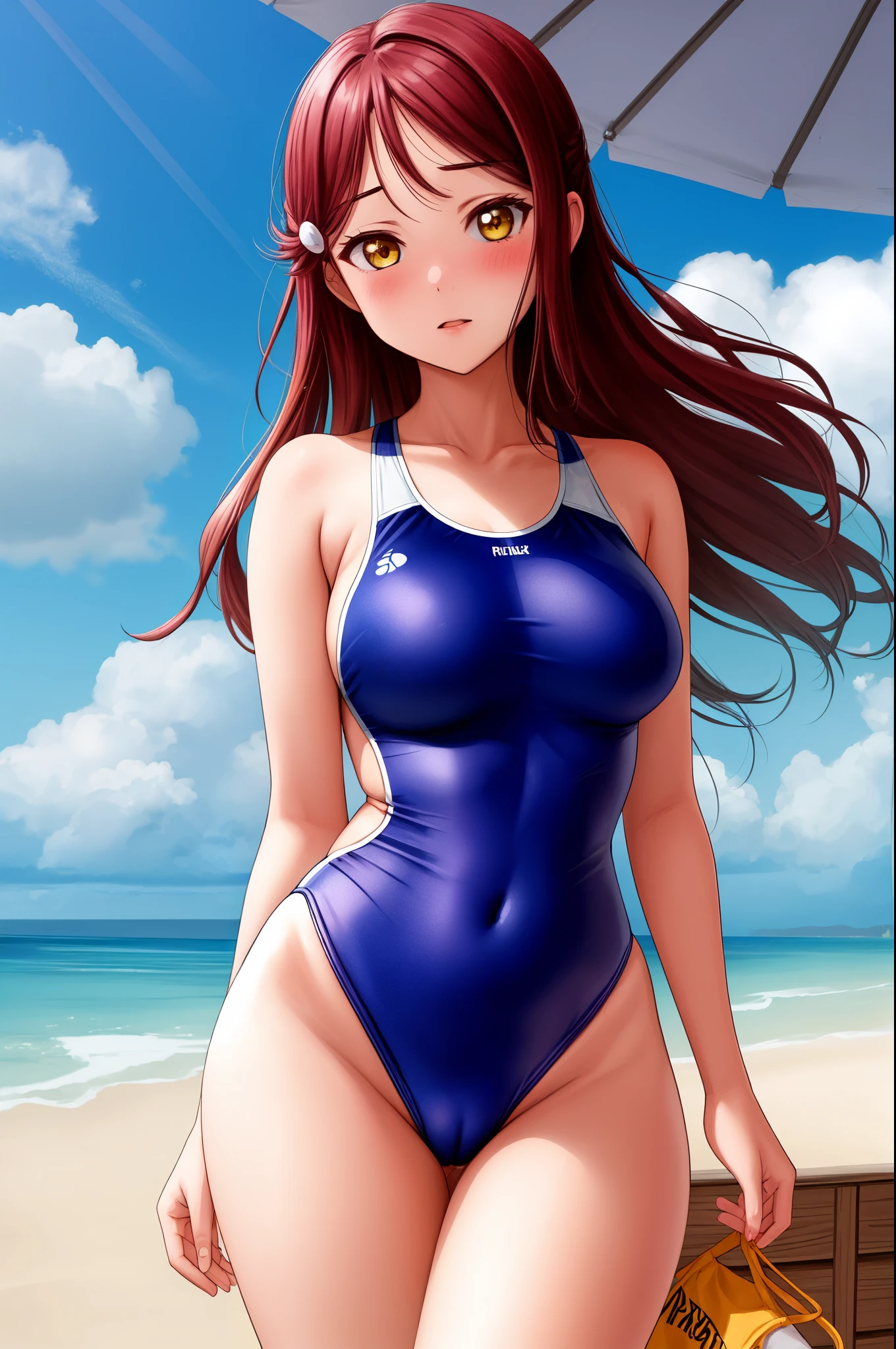 Masterpiece,best quality,Solo, cowboy shot,Sakurauchi riko, long hair, blush,love scene, leotard swimsuit, breasts, high-leg,thicc crotch, front wedgie,day,beach in background , pussy peak