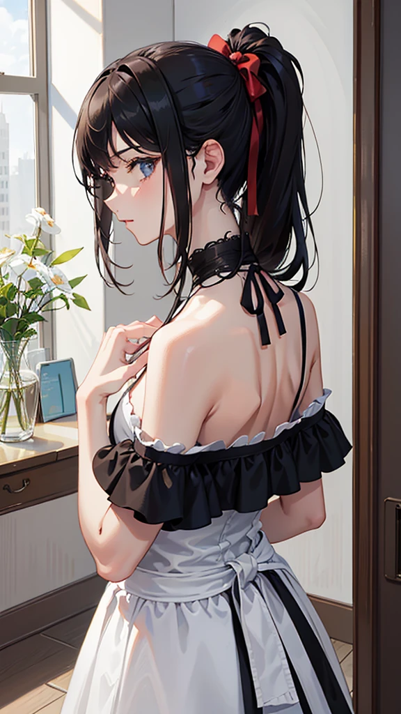 adulto, Cabello negro ondulado, mirada penetrante con ojos profundos de color rojo, estatura promedio, Silky hair with a ponytail hairstyle collected with a red bow with two white lines, tiene pechos grandes, primer plano, session, standing in the middle of his room [[[[Maid]]] , Sonrojada, NSFW, muslos grandes, maid