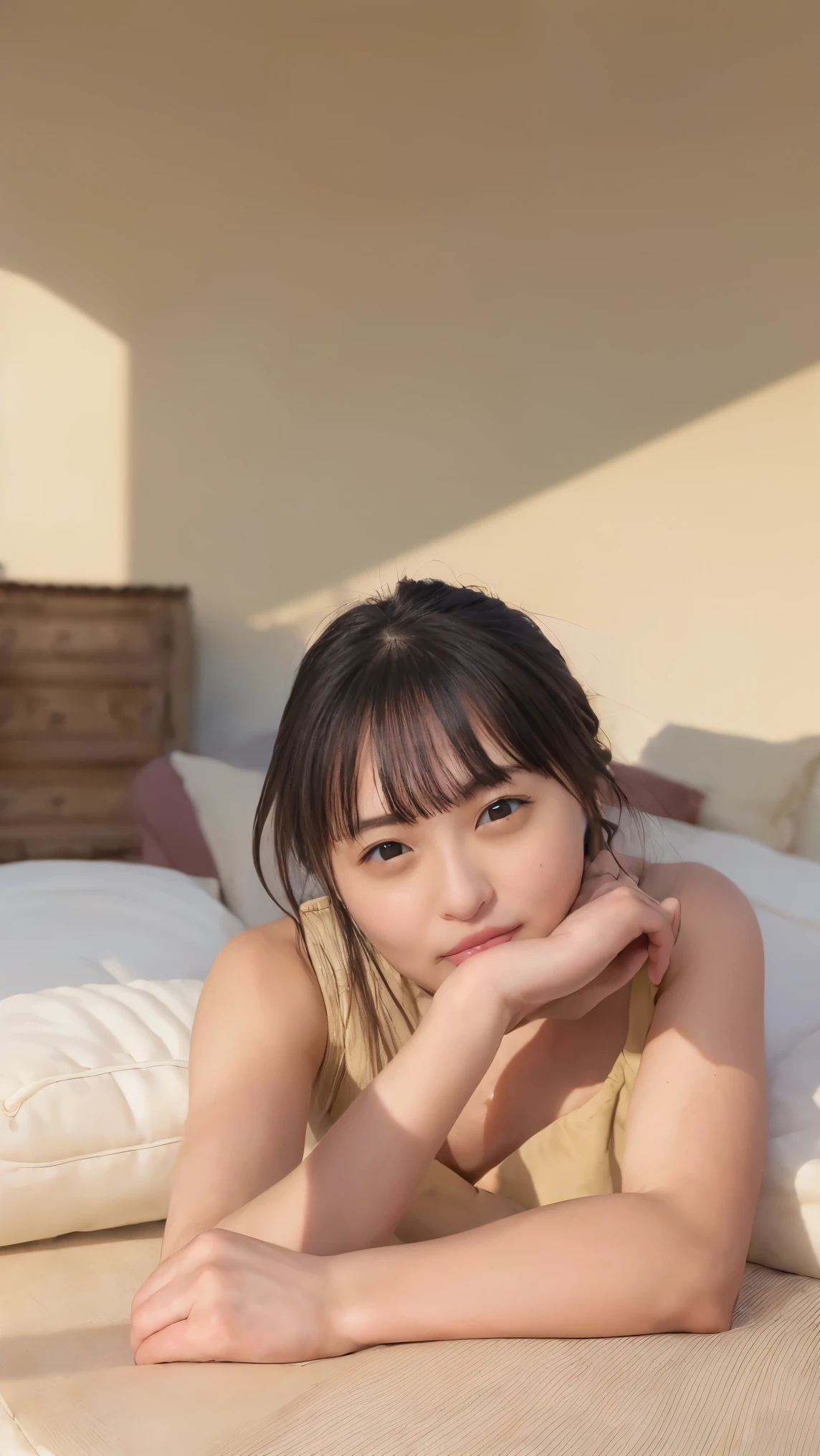 (((highest quality,Very detailed,masterpiece,Very detailed))) ,(((Lying down:1.5))),((Bend your knees)),loose breast,camisole,one piece,barefoot,One Girl,Realistic,Bedroom、