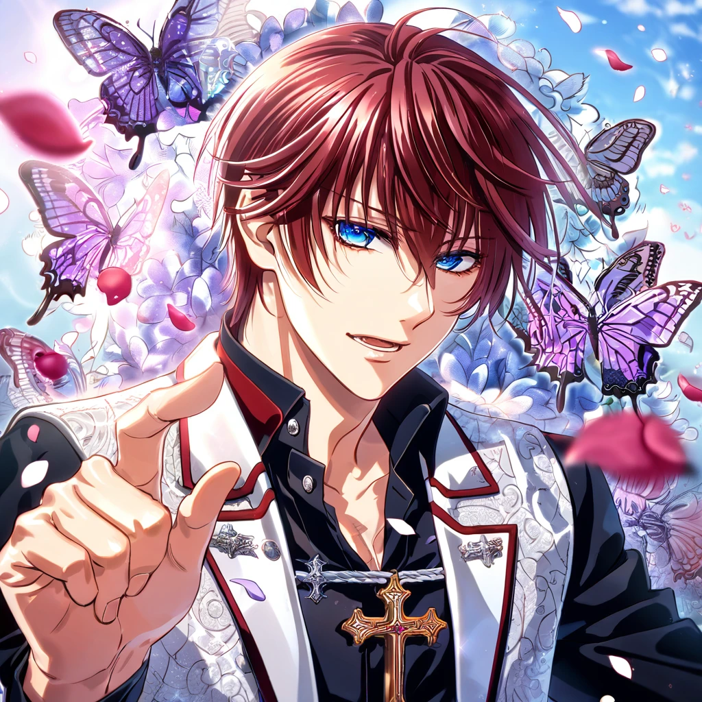 absurdres, highres, ultra detailed, HDR, master piece, best quality, Shiki Senri, mahogany red hair, short hair, expressive blue eyes, Vampire Knight, solo, sexy man, handsome, toned chest, white jacket, black shirt, patterns, vampire knight uniform, cross, purple butterflies, petals, magical
