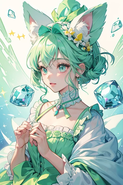 Milky is a pale blue chihuahua dog with light pink inner ears and chest fluff. Her Jewel Eyes are made out of green milky quartzes. For her attire, she wears a light green bow around her neck and a light green/yellow frilly cap on her head. SPARKLE; GLITTER