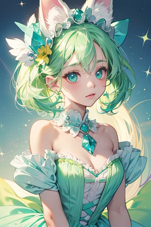 Milky is a pale blue chihuahua dog with light pink inner ears and chest fluff. Her Jewel Eyes are made out of green milky quartzes. For her attire, she wears a light green bow around her neck and a light green/yellow frilly cap on her head. SPARKLE; GLITTER