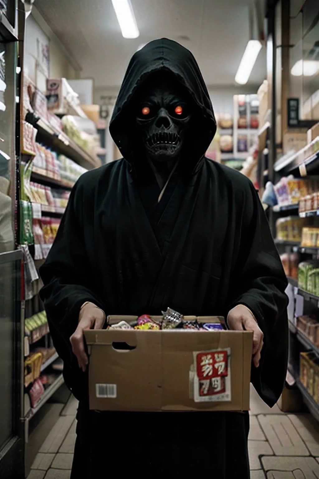 best quality, 32k, high resolution, ultra-detailed, extremely detailed, top quality, realistic, yokai, a Black Grim Reaper, black robe, standing in convenience store, dimly lit store