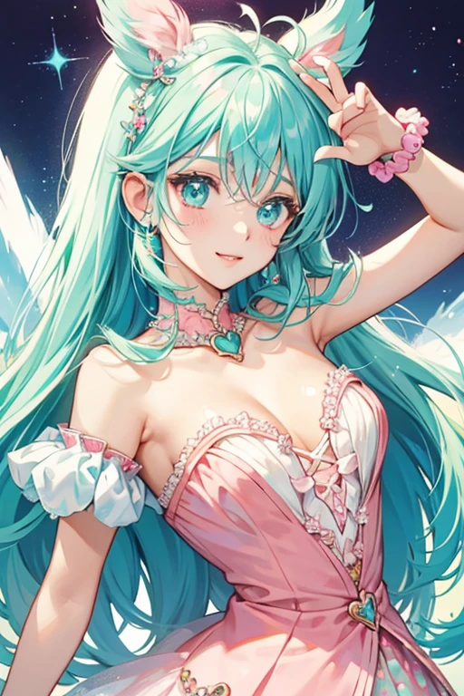 Milky's Jewel Charm is pink and heart-shaped with a light green heart in the middle and light blue decorations under and on the sides. SPARKLE; GLITTER