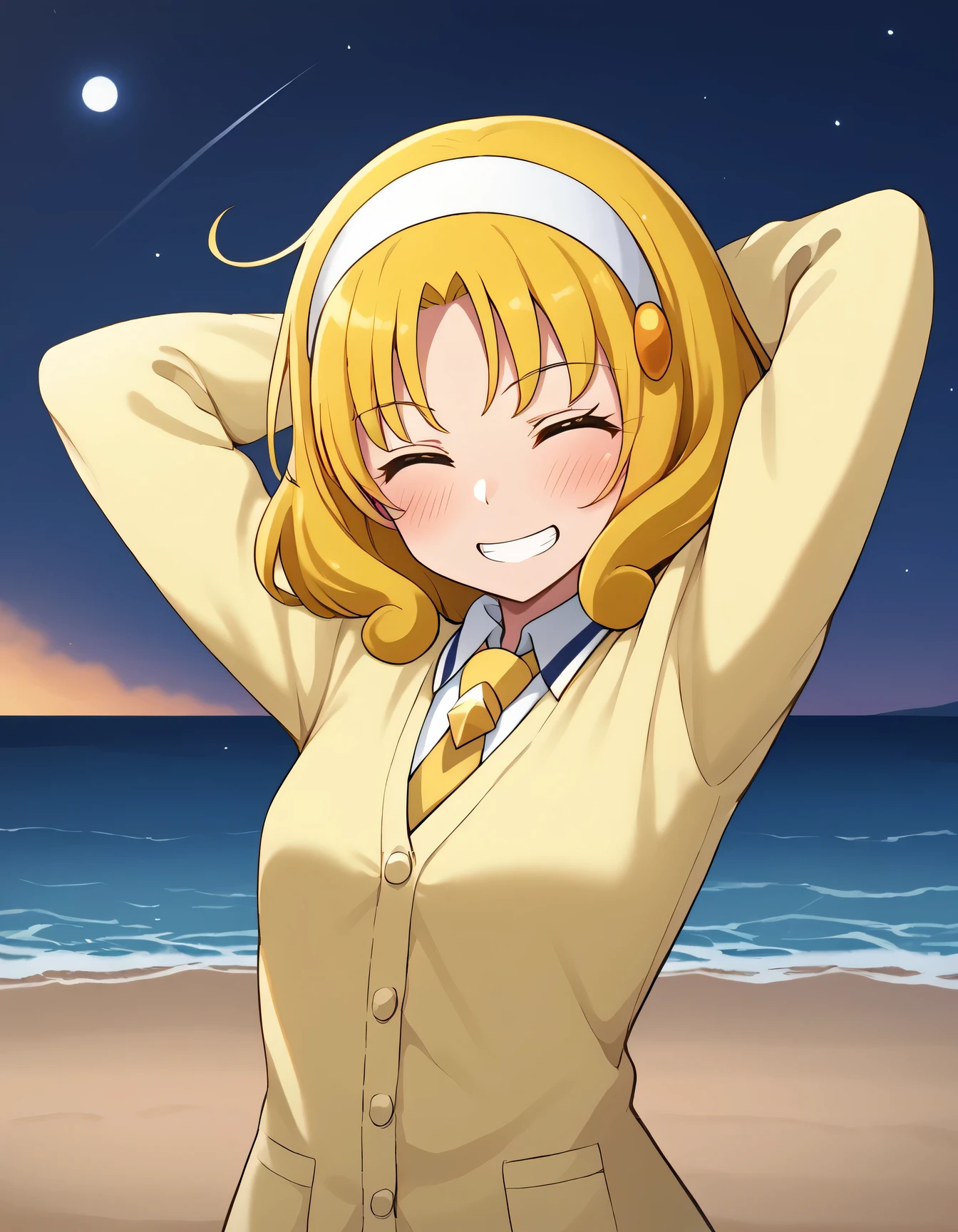 score_9, source_anime, rating_safe BREAK 1girl, solo
kise yayoi, yellow hair, yellow eyes, white hairband, hair ornament, medium hair, nanairogaoka middle , yellow necktie, yellow cardigan, cowboy shot, solo, night sky, beach, arms behind head, contrapposto, spread armpits, looking at viewer, best quality, closed eyes, wide grin, blushing,