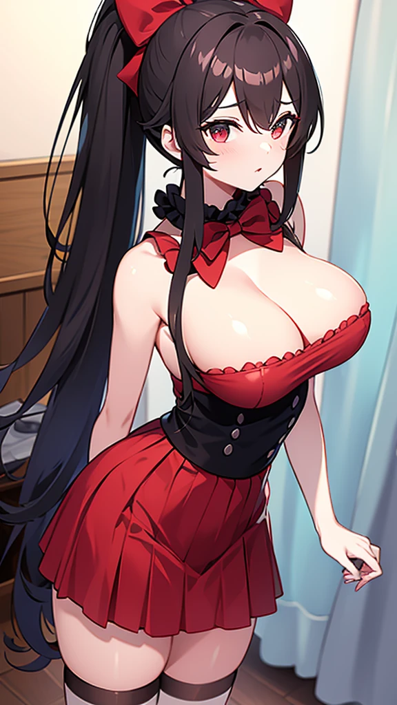 adulto, Cabello negro ondulado, mirada penetrante con ojos profundos de color rojo, estatura promedio, Silky hair with a ponytail hairstyle collected with a red bow with two white lines, tiene pechos grandes, primer plano, session, standing in the middle of his room [[[[Maid]]] , Sonrojada, muslos grandes, maid