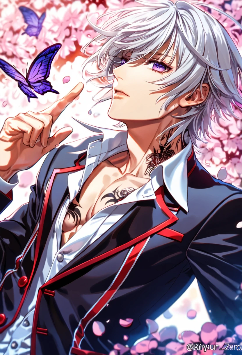 absurdres, highres, ultra detailed, HDR, master piece, best quality, Kiryuu Zero, white hair, short hair, expressive purple eyes, Vampire Knight, cross tatto on the neck, solo, sexy man, handsome, toned chest, black jacket, white shirt, vampire knight uniform, cross, purple butterflies, petals, magical