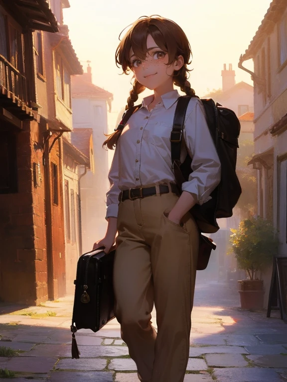 masterpiece, best quality, rpg character art, epic fantasy art style, 1 girl, Lily girl, kid, determand excited demeaner, full body fantasy concept art, caramel brown hair in 2 long braids, brown eyes, freckles, high detail, (wearing light adventurer gear, brown and white shirt, brown pants coming to the ankles, travel sack on her bag with strap across her chest), intricate details, ultra high resolution, sharp focus, HD, 8k, clear facial features, clear details, background is a detailed small village, zoomed out view, looking at the viewer with a mischievous smirk