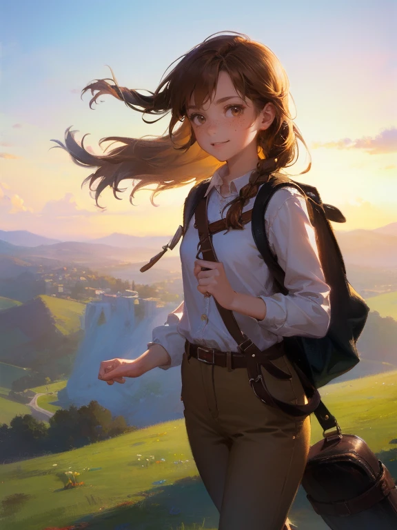 masterpiece, best quality, rpg character art, epic fantasy art style, 1 girl, Lily girl, kid, determand excited demeaner, full body fantasy concept art, caramel brown hair in 2 long braids, brown eyes, freckles, high detail, (wearing light adventurer gear, brown and white shirt, brown pants coming to the ankles, travel sack on her bag with strap across her chest), intricate details, ultra high resolution, sharp focus, HD, 8k, clear facial features, clear details, background is a detailed small village, zoomed out view, looking at the viewer with a mischievous smirk